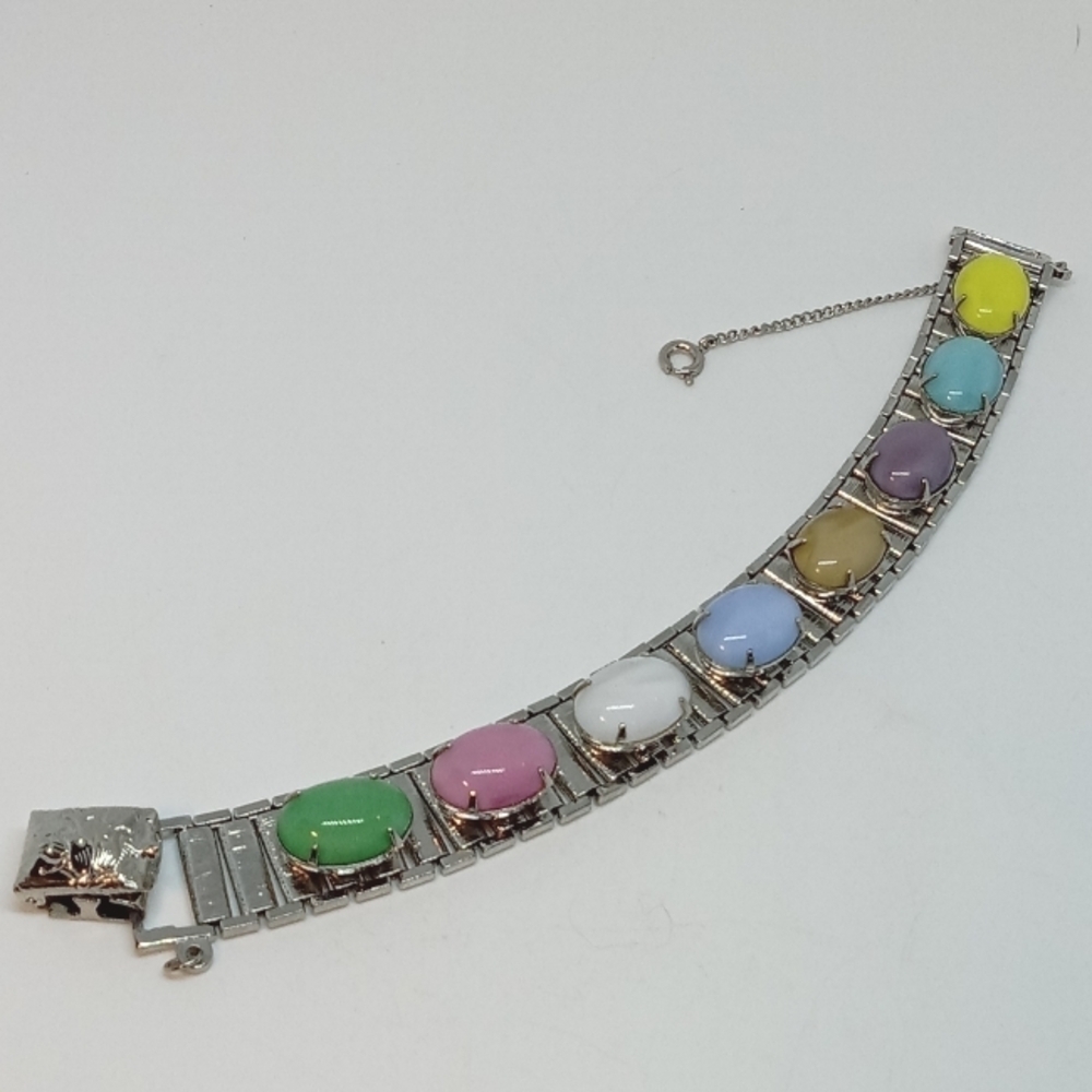 * vintage Sarah Coventry multi-color glass oval cabs bracelet w/safety chain 7" - Picture 3 of 6